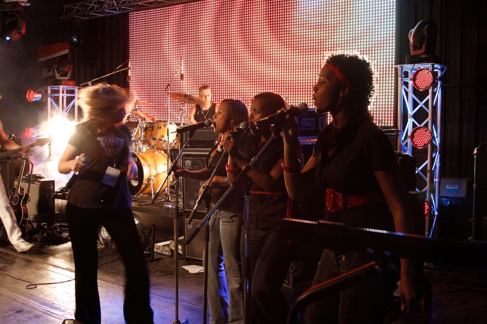 A person performing on stage behind a lead vocalist, representing the journey of how to become a backup singer.