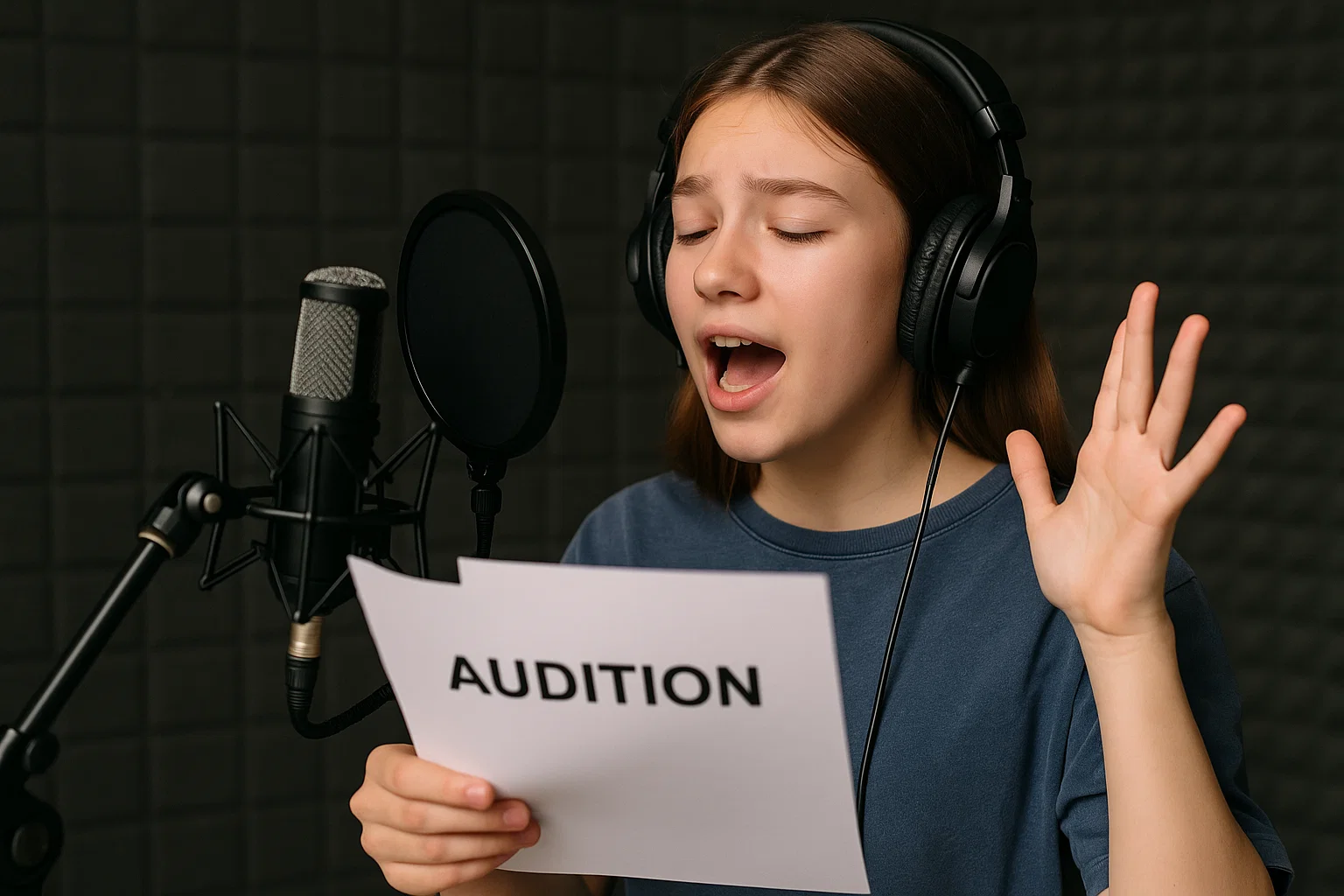 Teenager speaking into a professional microphone in a home studio, recording her first voice acting job.