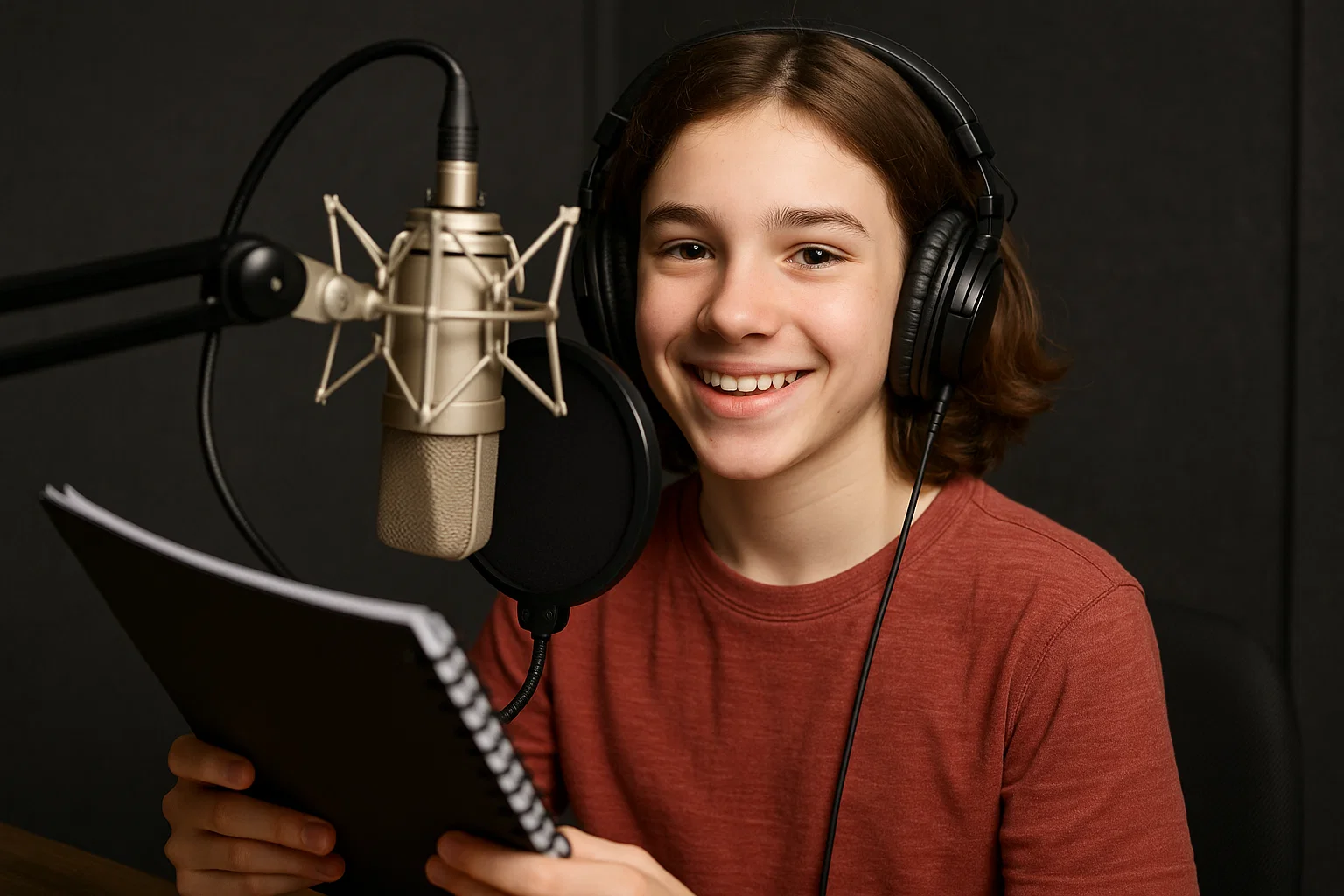 Teenager speaking into a professional microphone in a home studio, recording her first voice acting job.