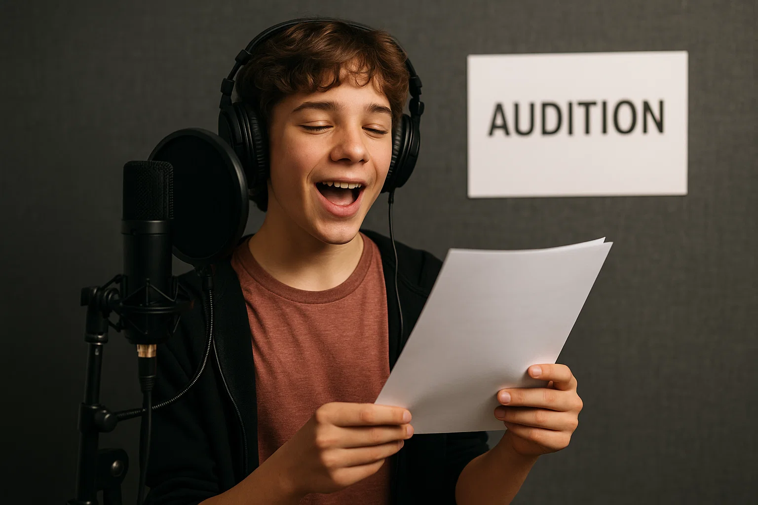 Teenager speaking into a professional microphone in a home studio, recording her first voice acting job.